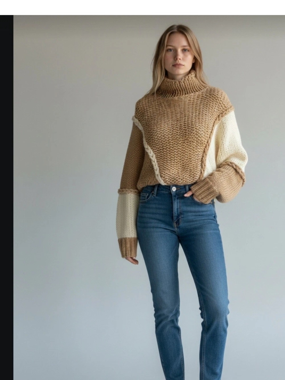 Altered State Turtleneck Colorblock Chunky Knit Sweater - Tan & Cream Size Mediu